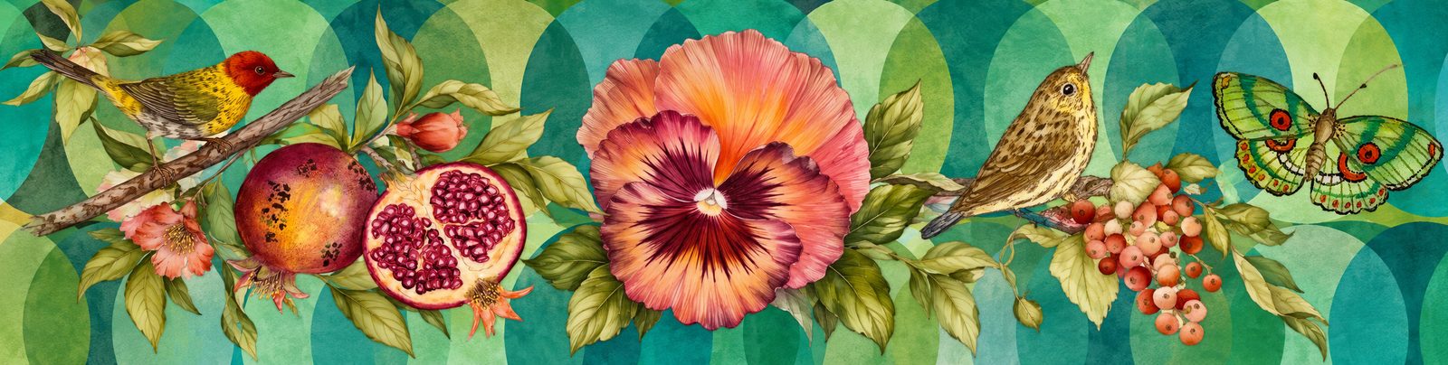 Ilustração do encontro: pássaros, romã, amor-perfeito, frutos e borboleta sobre fundo de arcos verdes e turquesa
