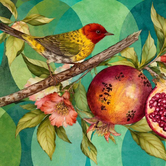Detalhe da ilustração: pássaro de cabeça vermelha sobre o galho